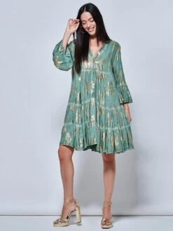 Printed Tiered Hem Holiday Midi Dress, Green Abstract -Miha Dresses Shop LQ 0A020 GreenAbstract 5