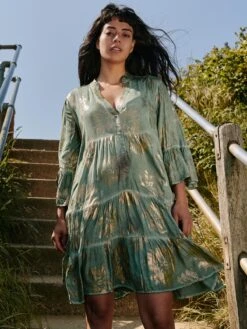 Printed Tiered Hem Holiday Midi Dress, Green Abstract -Miha Dresses Shop LQ 0A020 GreenAbstract 6