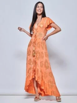 Angel Sleeve Button Front Holiday Maxi Dress, Orange Multi -Miha Dresses Shop LQ 0A021 OrangeMulti 1