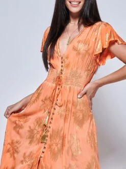 Angel Sleeve Button Front Holiday Maxi Dress, Orange Multi -Miha Dresses Shop LQ 0A021 OrangeMulti 3