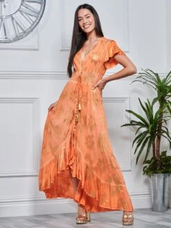 Angel Sleeve Button Front Holiday Maxi Dress, Orange Multi -Miha Dresses Shop LQ 0A021 OrangeMulti 4