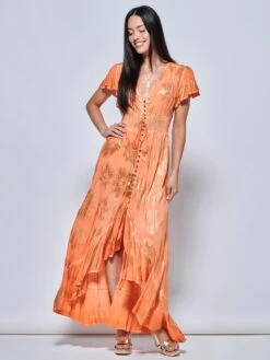 Angel Sleeve Button Front Holiday Maxi Dress, Orange Multi -Miha Dresses Shop LQ 0A021 OrangeMulti 5