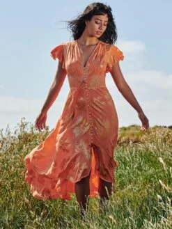 Angel Sleeve Button Front Holiday Maxi Dress, Orange Multi