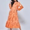 Loose Fit Tiered Holiday Maxi Shirt Dress, Orange Multi
