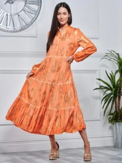 Loose Fit Tiered Holiday Maxi Shirt Dress, Orange Multi -Miha Dresses Shop LQ 0A022 OrangeMulti 4
