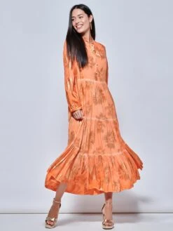Loose Fit Tiered Holiday Maxi Shirt Dress, Orange Multi -Miha Dresses Shop LQ 0A022 OrangeMulti 5