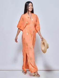 Printed Kimono Sleeve Holiday Maxi Dress, Orange Multi -Miha Dresses Shop LQ 0A025 OrangeMulti 1