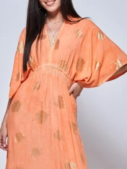 Printed Kimono Sleeve Holiday Maxi Dress, Orange Multi -Miha Dresses Shop LQ 0A025 OrangeMulti 3