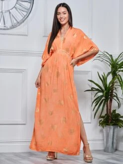 Printed Kimono Sleeve Holiday Maxi Dress, Orange Multi -Miha Dresses Shop LQ 0A025 OrangeMulti 4