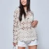 Crochet Knit Long Sleeve Top, Cream -Miha Dresses Shop LQ 0A029 Cream 1