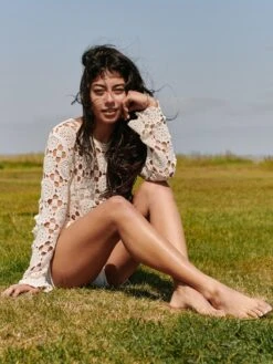 Crochet Knit Long Sleeve Top, Cream -Miha Dresses Shop LQ 0A029 Cream 6