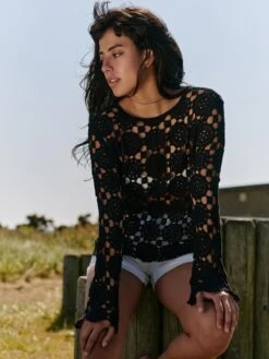 Crochet Knit Long Sleeve Top, Black -Miha Dresses Shop LQ 0A030 Black 6