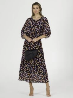 Chiffon Pleated Batwing Sleeve Maxi Dress, Navy Floral -Miha Dresses Shop LSF 0106 NavyFloral 1