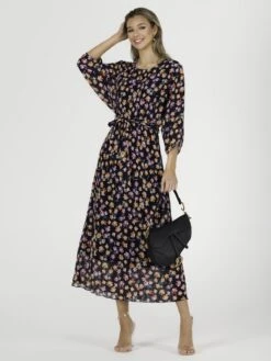 Chiffon Pleated Batwing Sleeve Maxi Dress, Navy Floral -Miha Dresses Shop LSF 0106 NavyFloral 2