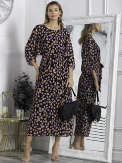 Chiffon Pleated Batwing Sleeve Maxi Dress, Navy Floral -Miha Dresses Shop LSF 0106 NavyFloral 3