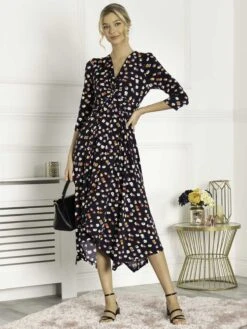 Jolie Moi Knot Front Hanky Hem Dress, Navy Floral -Miha Dresses Shop LY 872 NavyFloral 2