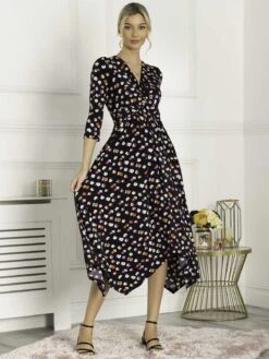 Jolie Moi Knot Front Hanky Hem Dress, Navy Floral -Miha Dresses Shop LY 872 NavyFloral 3