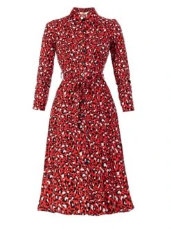 Susan Fit & Flare Shirt Dress , Red Animal -Miha Dresses Shop M091 106RedAnimal 3D