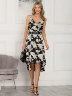 Clarissa Satin Draped Cowl Neck Dress, Black Floral -Miha Dresses Shop M521 96 BlackFloral 1