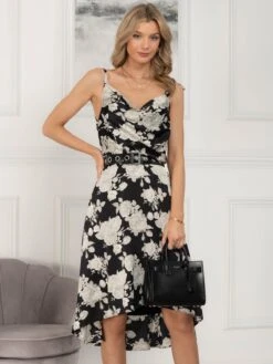 Clarissa Satin Draped Cowl Neck Dress, Black Floral -Miha Dresses Shop M521 96 BlackFloral 5