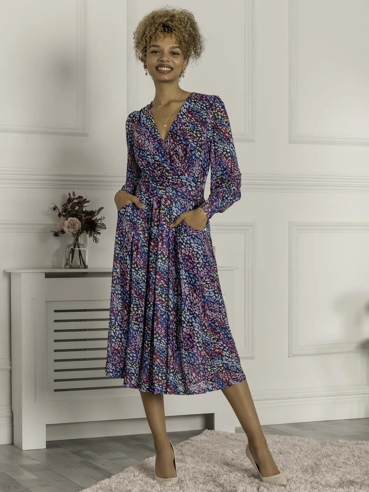 Maaike Long Sleeve Mesh Dress, Navy Multi 8 Maaike Long Sleeve Mesh Dress, Navy Multi - Image 6