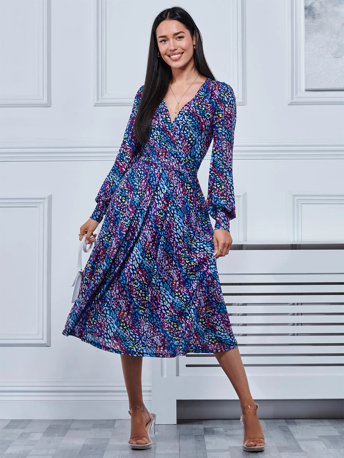 Maaike Long Sleeve Mesh Dress, Navy Multi 3 Maaike Long Sleeve Mesh Dress, Navy Multi