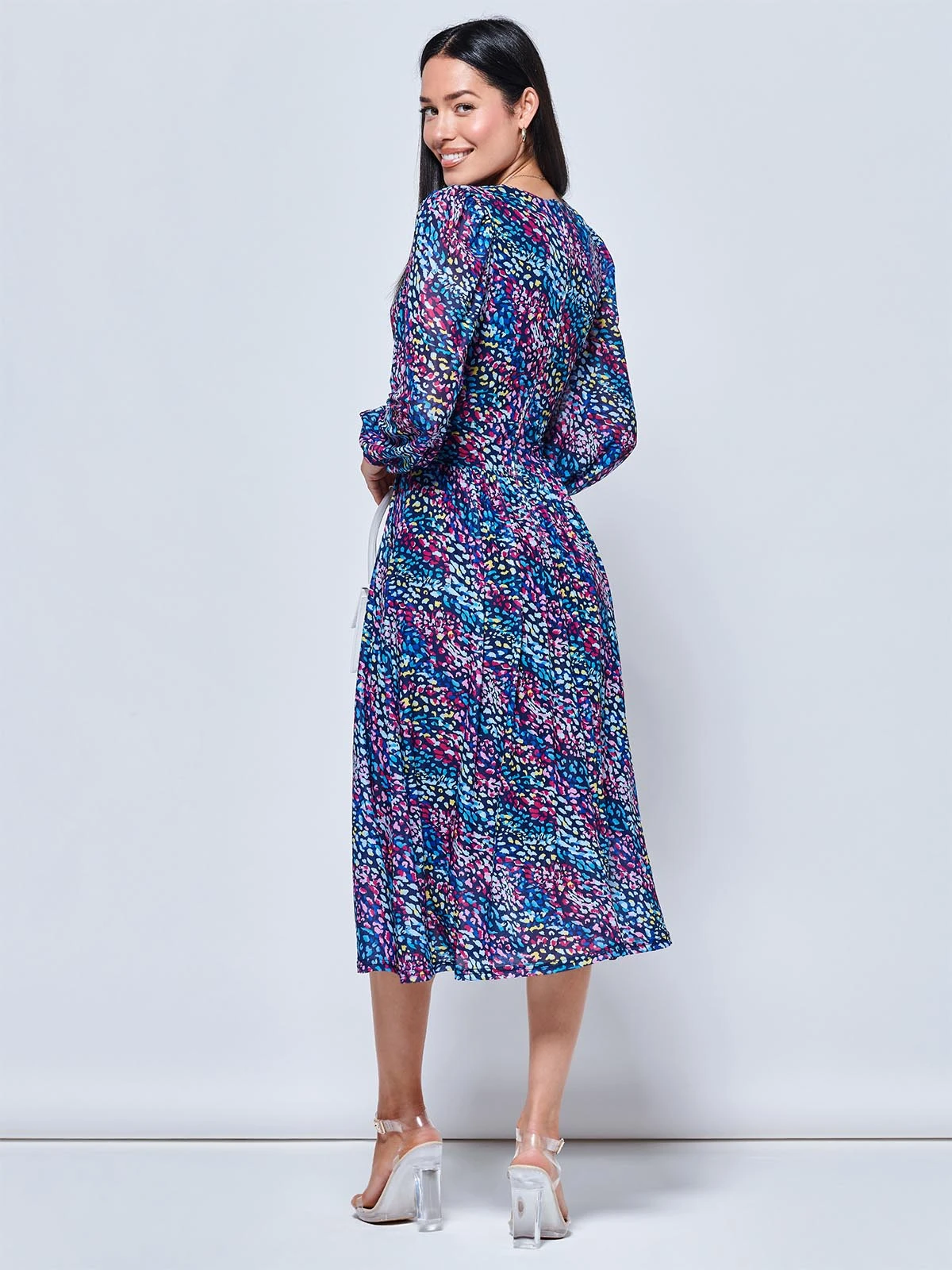 Maaike Long Sleeve Mesh Dress, Navy Multi 4 Maaike Long Sleeve Mesh Dress, Navy Multi - Image 2