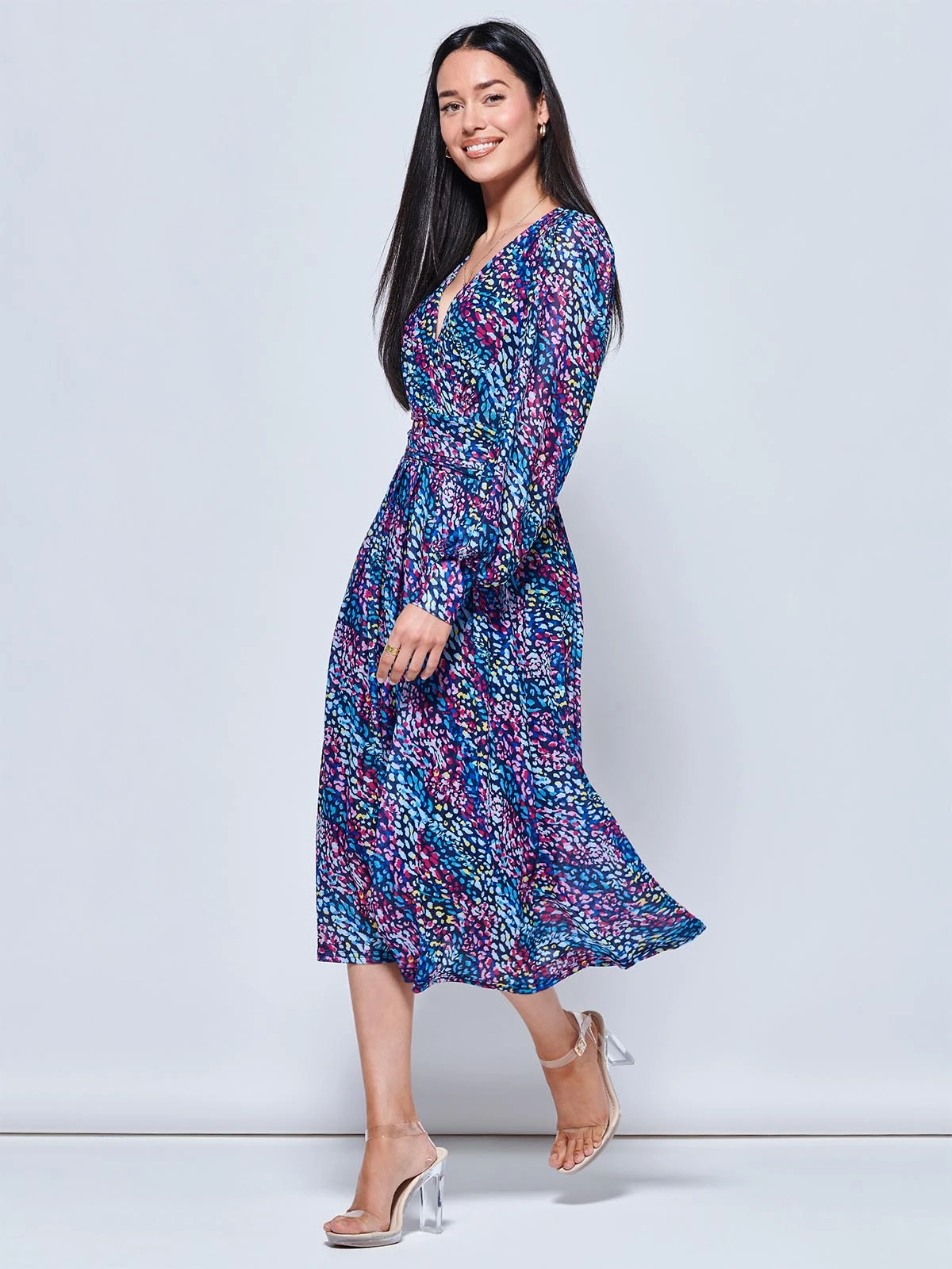 Maaike Long Sleeve Mesh Dress, Navy Multi 7 Maaike Long Sleeve Mesh Dress, Navy Multi - Image 5