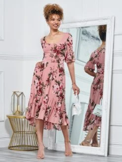 Maab Mesh Ruffle Sleeve Midi Dress, Dusty Pink -Miha Dresses Shop MESH 771 DUSTYPINK 6