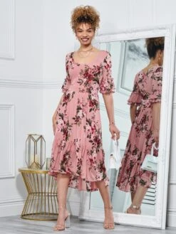 Maab Mesh Ruffle Sleeve Midi Dress, Dusty Pink