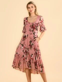 Maab Mesh Ruffle Sleeve Midi Dress, Dusty Pink -Miha Dresses Shop MESH 771 DustyPink 2