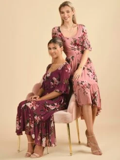 Maab Mesh Ruffle Sleeve Midi Dress, Dusty Pink -Miha Dresses Shop MESH 771 DustyPink 9