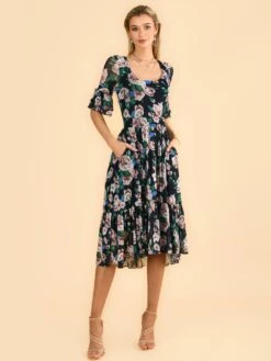 Maab Mesh Ruffle Sleeve Midi Dress, Navy Floral -Miha Dresses Shop MESH 771 NavyFloral 1