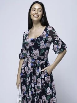 Maab Mesh Ruffle Sleeve Midi Dress, Navy Floral -Miha Dresses Shop MESH 771 NavyFloral 5