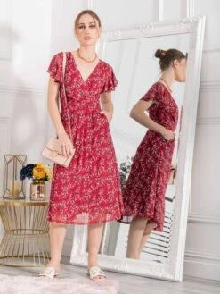 Stacy Floral Print Cross Front Midi Dress, Wine Floral -Miha Dresses Shop MK 103WineFloral 7