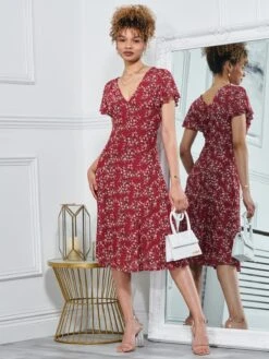Stacy Floral Print Cross Front Midi Dress, Wine Floral -Miha Dresses Shop MK 103 WineFloral 1