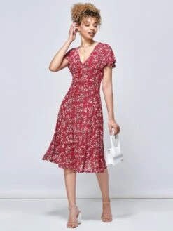 Stacy Floral Print Cross Front Midi Dress, Wine Floral -Miha Dresses Shop MK 103 WineFloral 5