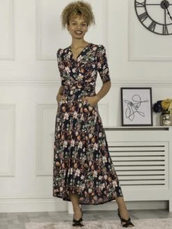 Maanasi Ruched Sleeve Jersey Maxi Dress, Navy Floral -Miha Dresses Shop MX621 27 NavyFloral 2