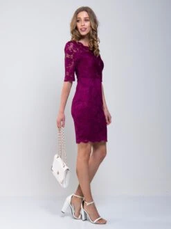 Scalloped V-Neck Lace Bodycon Dress, Berry