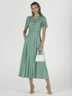 Halley Angel Sleeve Jersey Maxi Dress, Green Geometric -Miha Dresses Shop N62 1020 GreenGeometric 2