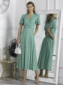 Halley Angel Sleeve Jersey Maxi Dress, Green Geometric -Miha Dresses Shop N62 1020 GreenGeometric 3