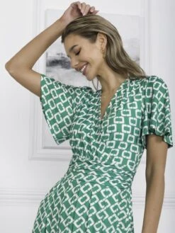 Halley Angel Sleeve Jersey Maxi Dress, Green Geometric -Miha Dresses Shop N62 1020 GreenGeometric 6