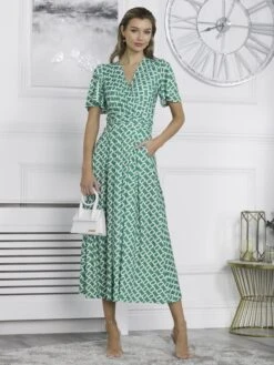 Halley Angel Sleeve Jersey Maxi Dress, Green Geometric -Miha Dresses Shop N62 1020 GreenGeometric 7