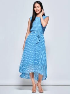 Pleated Chiffon High-Low Maxi Dress, Blue Polka -Miha Dresses Shop P106 927 BluePolka 4