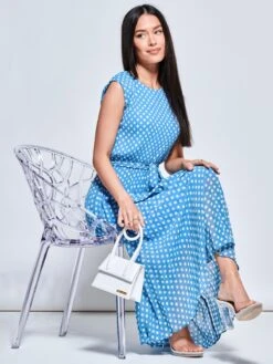 Pleated Chiffon High-Low Maxi Dress, Blue Polka -Miha Dresses Shop P106 927 BluePolka 5