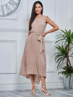Pleated Chiffon High-Low Maxi Dress, Taupe Multi -Miha Dresses Shop P106 927 Taupe Multi 4