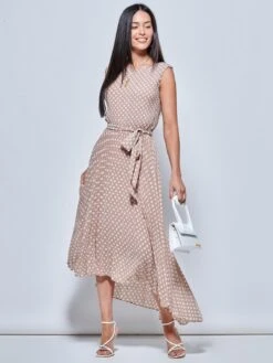 Pleated Chiffon High-Low Maxi Dress, Taupe Multi -Miha Dresses Shop P106 927 Taupe Multi 5