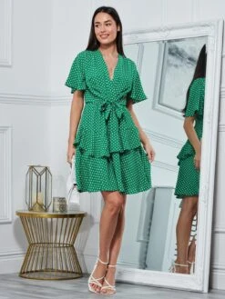 Priscila Tie Waist Woven Mini Dress, Green Ditsy -Miha Dresses Shop P930 162 GREENDITSY 7