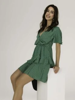 Priscila Tie Waist Woven Mini Dress, Green Ditsy -Miha Dresses Shop P930 162 GreenDitsy 1