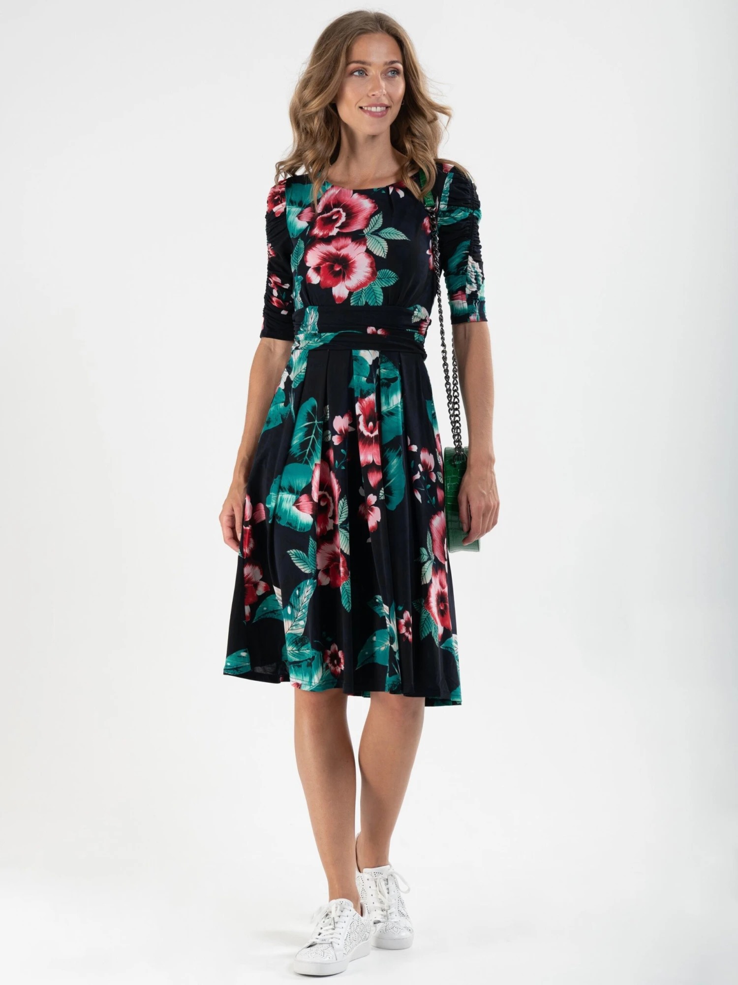 Print Half Sleeve Midi Viscose Dress, Navy Floral 3 Print Half Sleeve Midi Viscose Dress, Navy Floral - Image 2